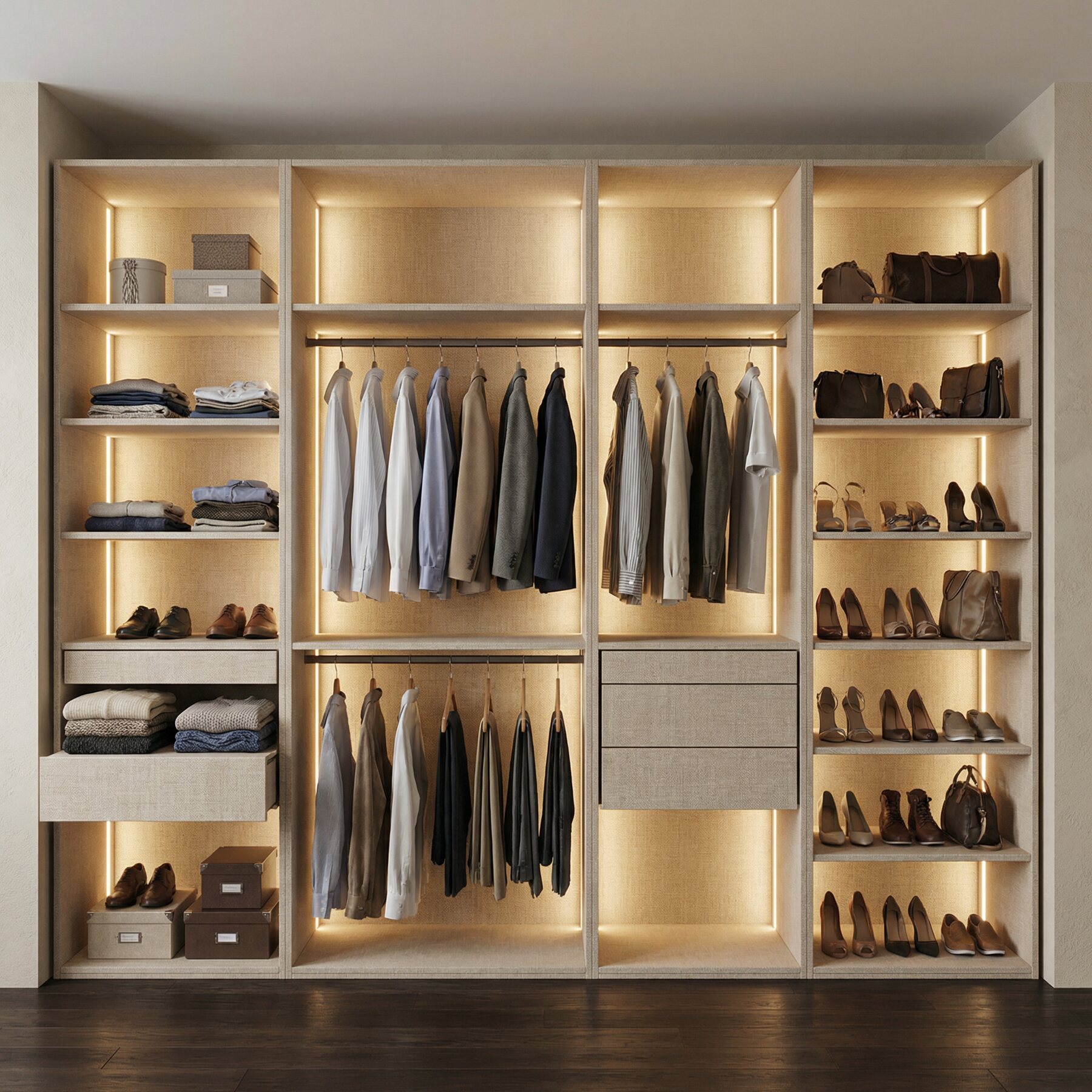 Custom illuminated walk-in closet manufactured by LEGNO